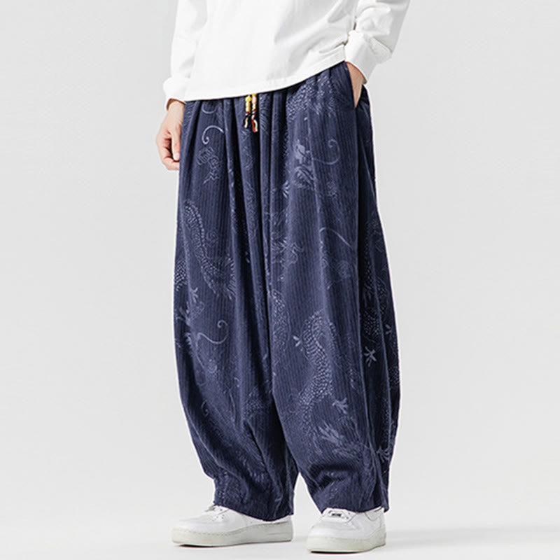 Nimara Ritual Winter Dragon Phoenix Pattern Cotton Corduroy Men's Harem Pants With Pockets
