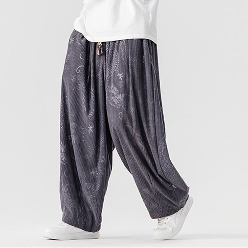 Nimara Ritual Winter Dragon Phoenix Pattern Cotton Corduroy Men's Harem Pants With Pockets