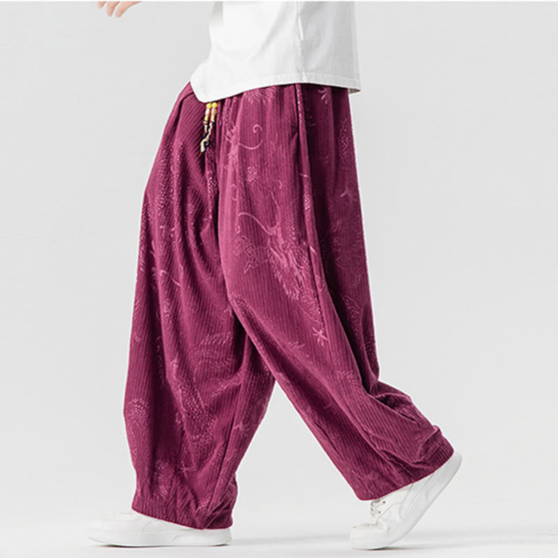 Nimara Ritual Winter Dragon Phoenix Pattern Cotton Corduroy Men's Harem Pants With Pockets