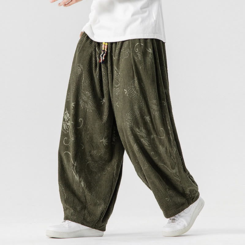 Nimara Ritual Winter Dragon Phoenix Pattern Cotton Corduroy Men's Harem Pants With Pockets