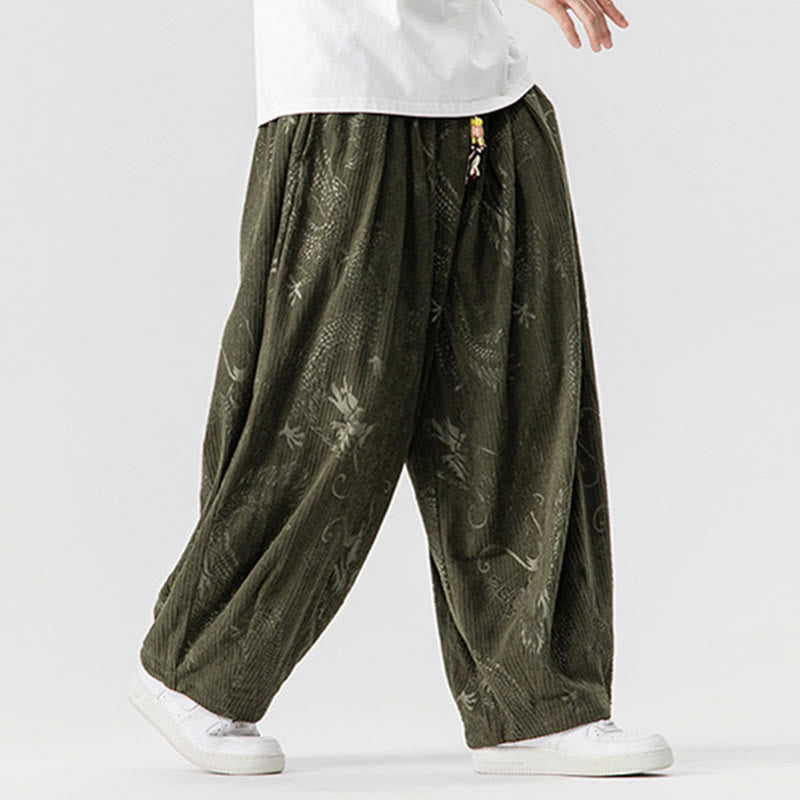 Nimara Ritual Winter Dragon Phoenix Pattern Cotton Corduroy Men's Harem Pants With Pockets