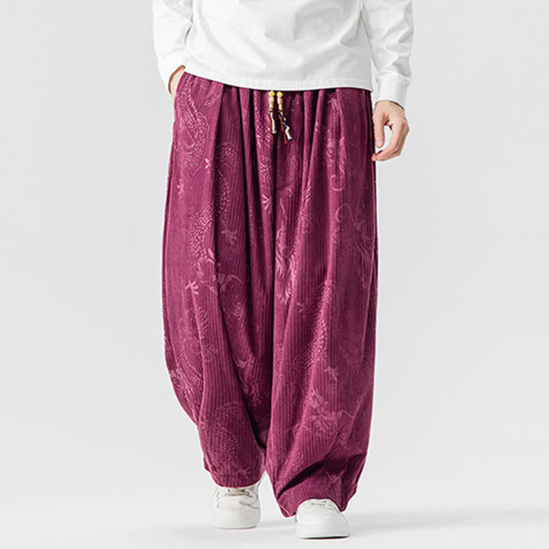 Nimara Ritual Winter Dragon Phoenix Pattern Cotton Corduroy Men's Harem Pants With Pockets