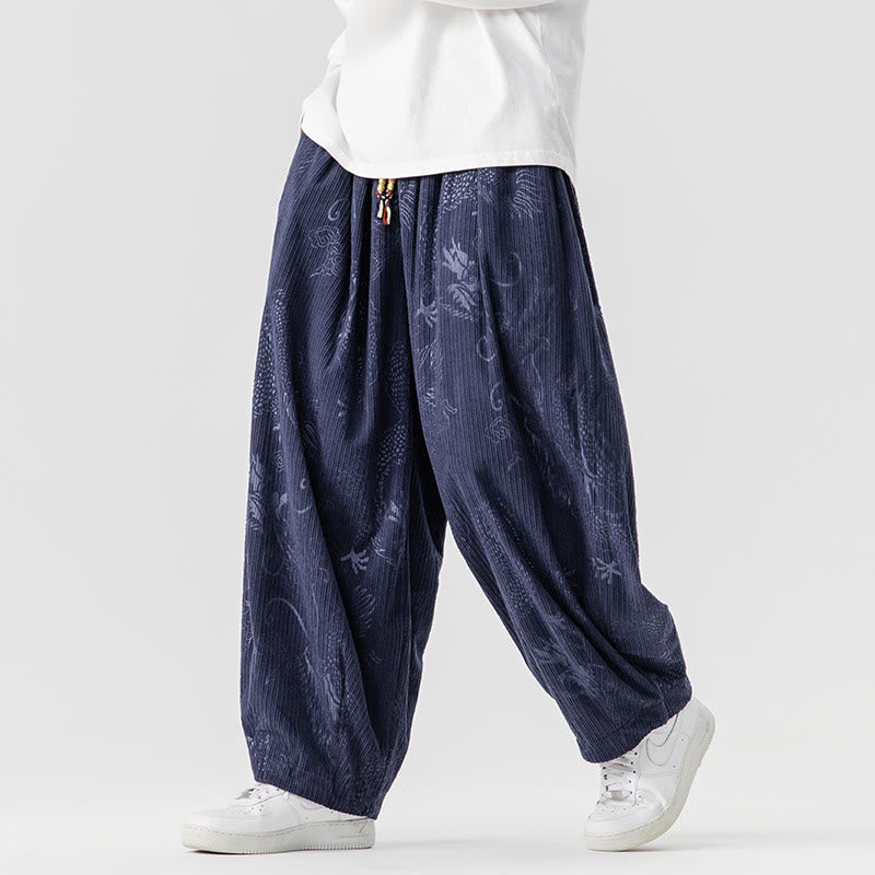 Nimara Ritual Winter Dragon Phoenix Pattern Cotton Corduroy Men's Harem Pants With Pockets
