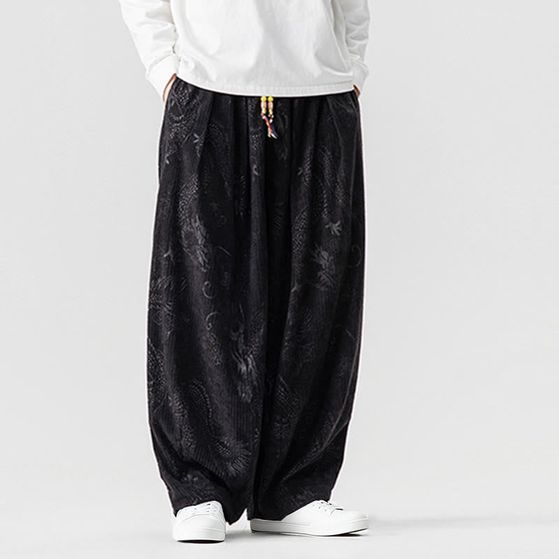 Nimara Ritual Winter Dragon Phoenix Pattern Cotton Corduroy Men's Harem Pants With Pockets