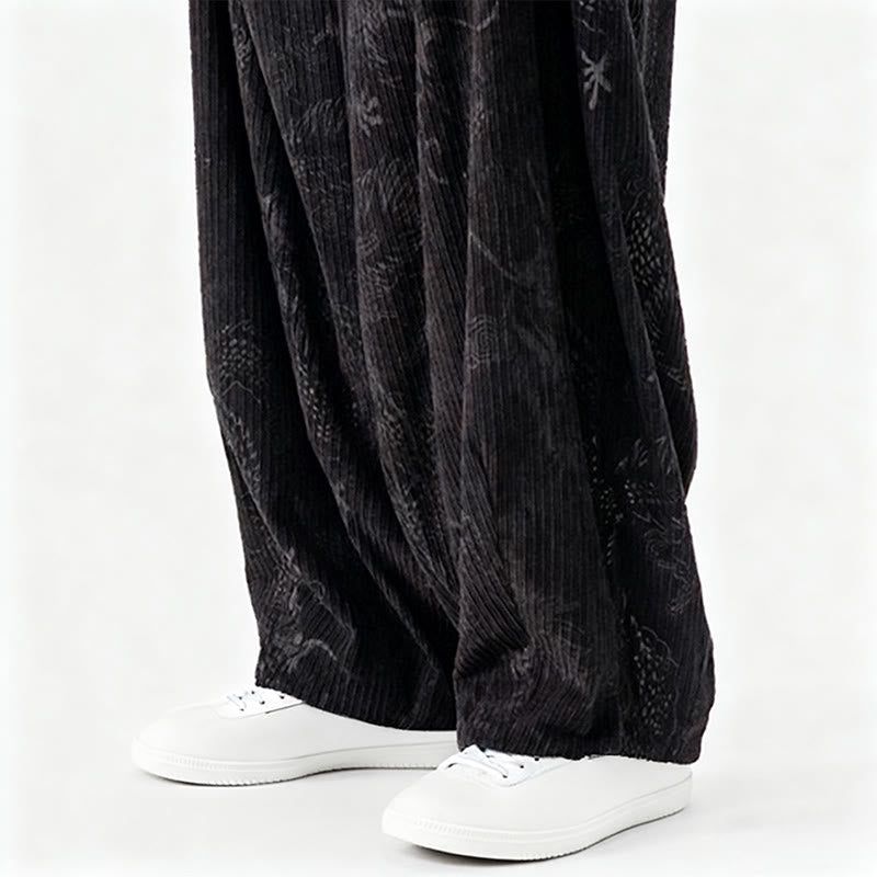 Nimara Ritual Winter Dragon Phoenix Pattern Cotton Corduroy Men's Harem Pants With Pockets