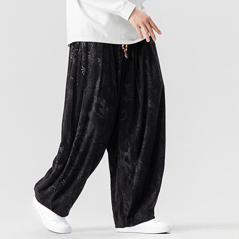 Nimara Ritual Winter Dragon Phoenix Pattern Cotton Corduroy Men's Harem Pants With Pockets