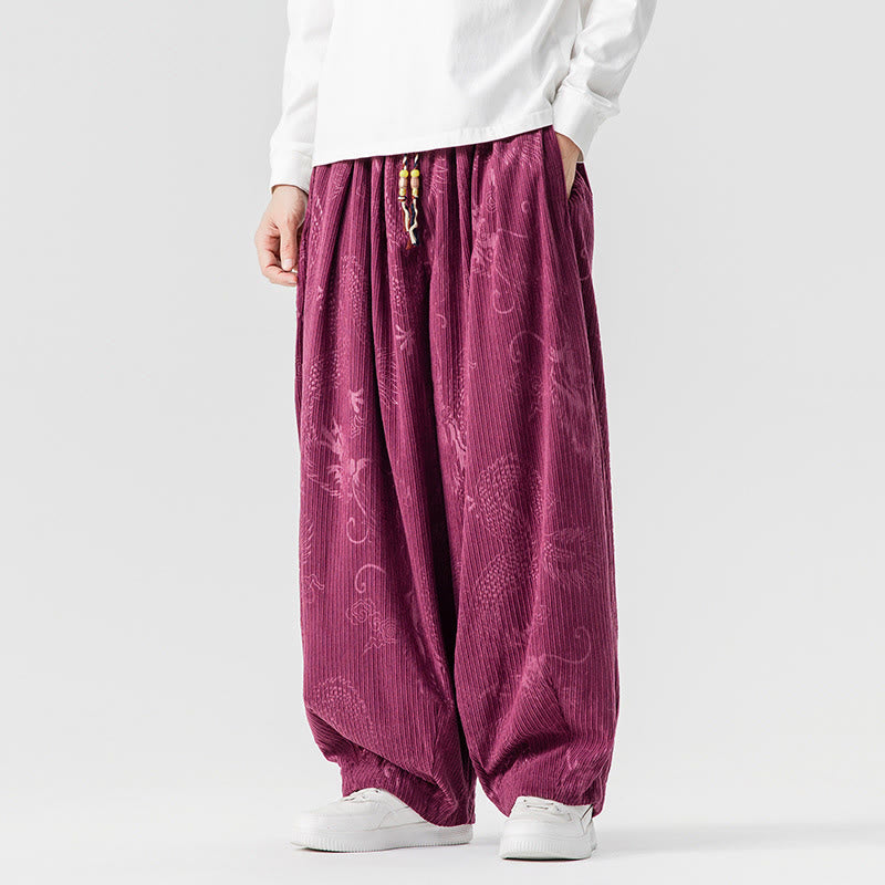 Nimara Ritual Winter Dragon Phoenix Pattern Cotton Corduroy Men's Harem Pants With Pockets