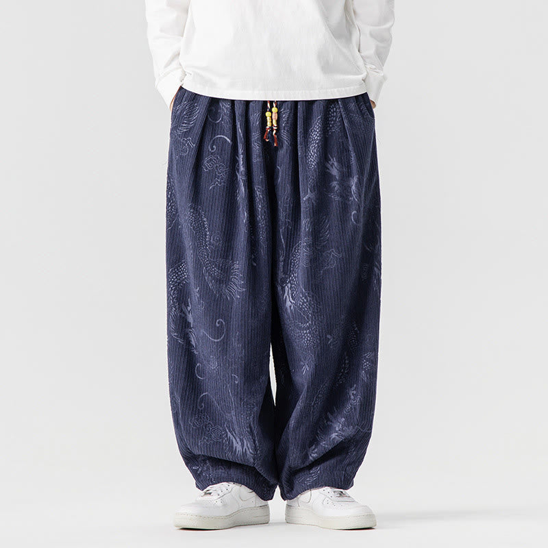 Nimara Ritual Winter Dragon Phoenix Pattern Cotton Corduroy Men's Harem Pants With Pockets