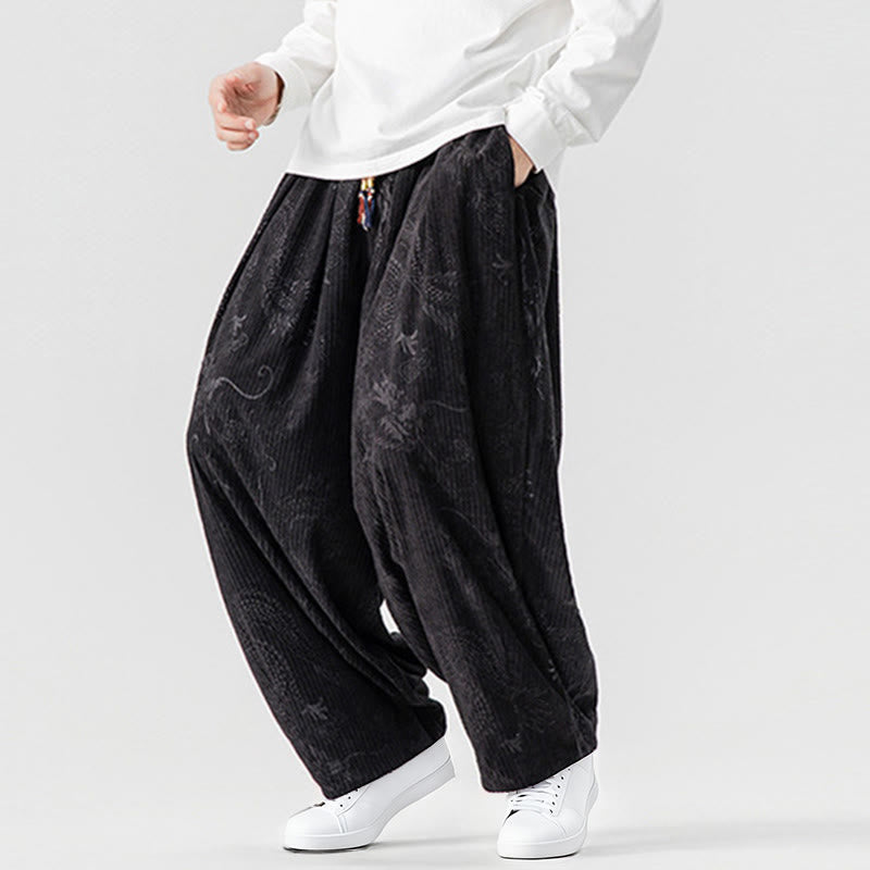 Nimara Ritual Winter Dragon Phoenix Pattern Cotton Corduroy Men's Harem Pants With Pockets