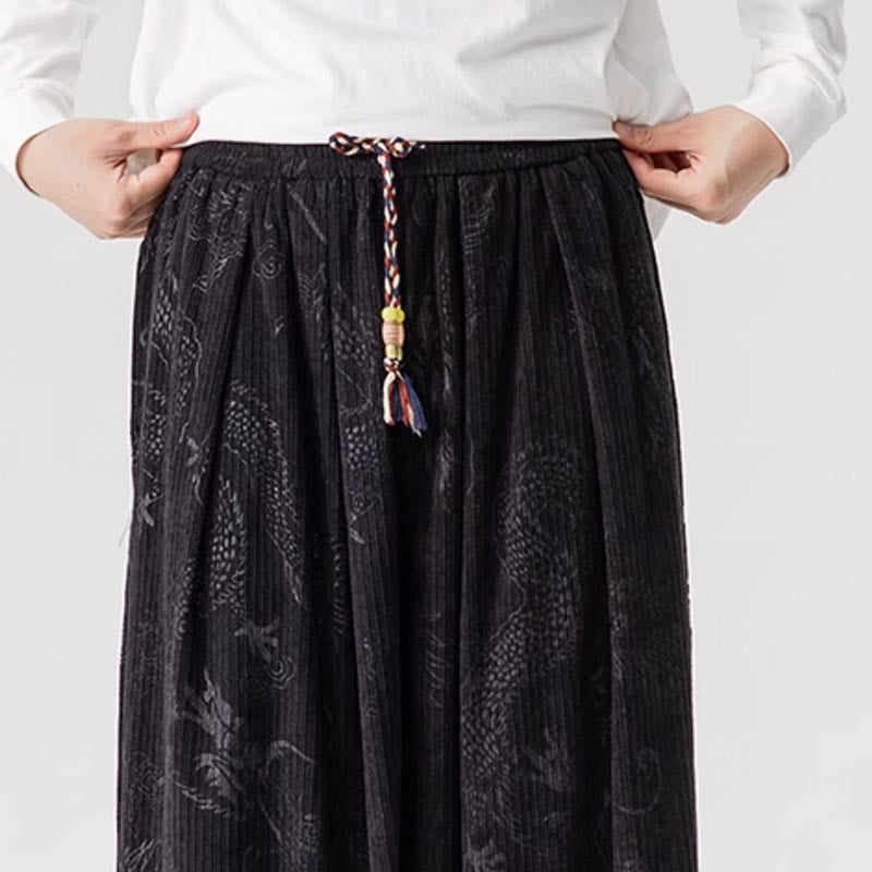 Nimara Ritual Winter Dragon Phoenix Pattern Cotton Corduroy Men's Harem Pants With Pockets