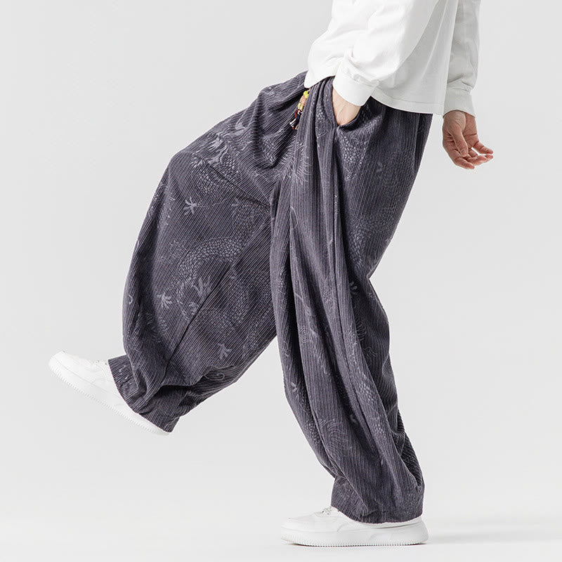 Nimara Ritual Winter Dragon Phoenix Pattern Cotton Corduroy Men's Harem Pants With Pockets