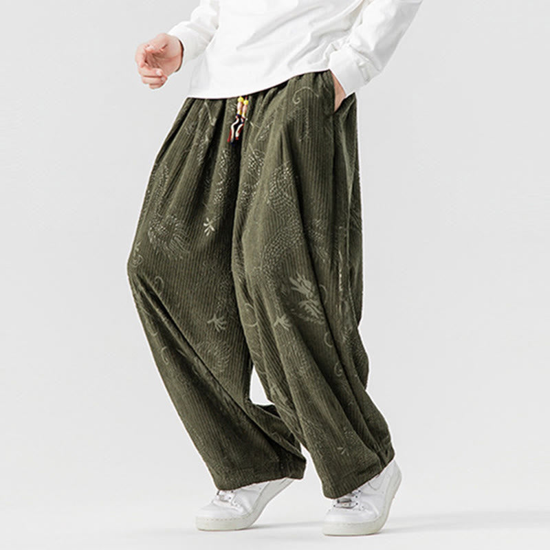 Nimara Ritual Winter Dragon Phoenix Pattern Cotton Corduroy Men's Harem Pants With Pockets