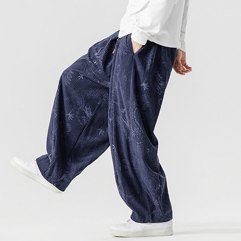 Nimara Ritual Winter Dragon Phoenix Pattern Cotton Corduroy Men's Harem Pants With Pockets