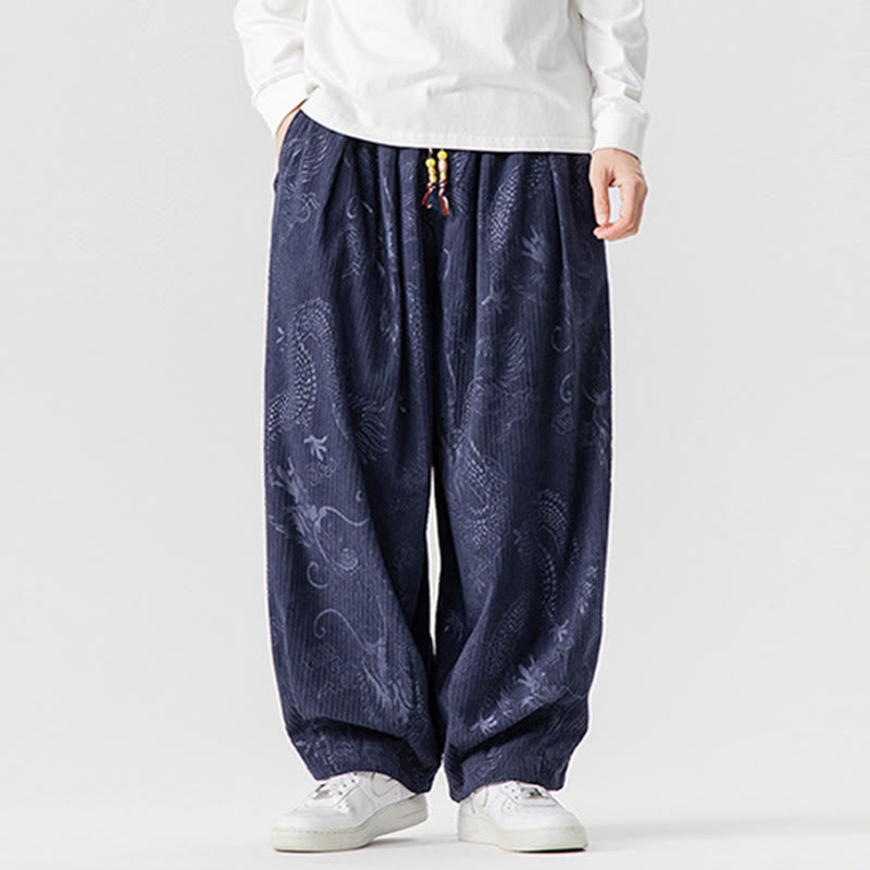 Nimara Ritual Winter Dragon Phoenix Pattern Cotton Corduroy Men's Harem Pants With Pockets