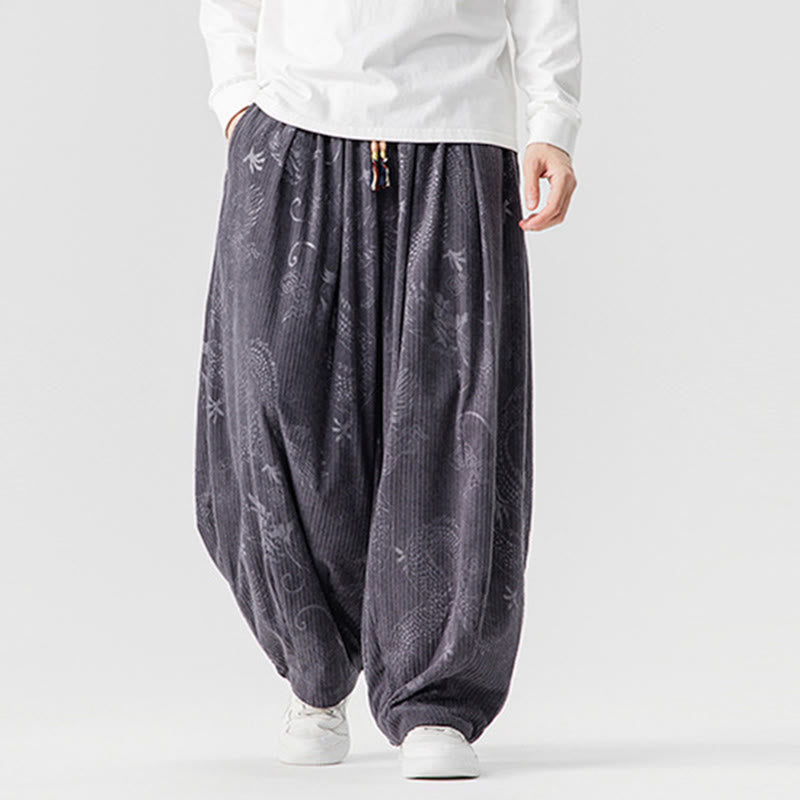 Nimara Ritual Winter Dragon Phoenix Pattern Cotton Corduroy Men's Harem Pants With Pockets