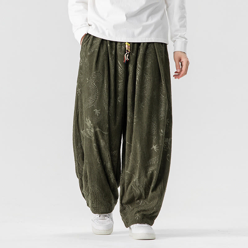 Nimara Ritual Winter Dragon Phoenix Pattern Cotton Corduroy Men's Harem Pants With Pockets