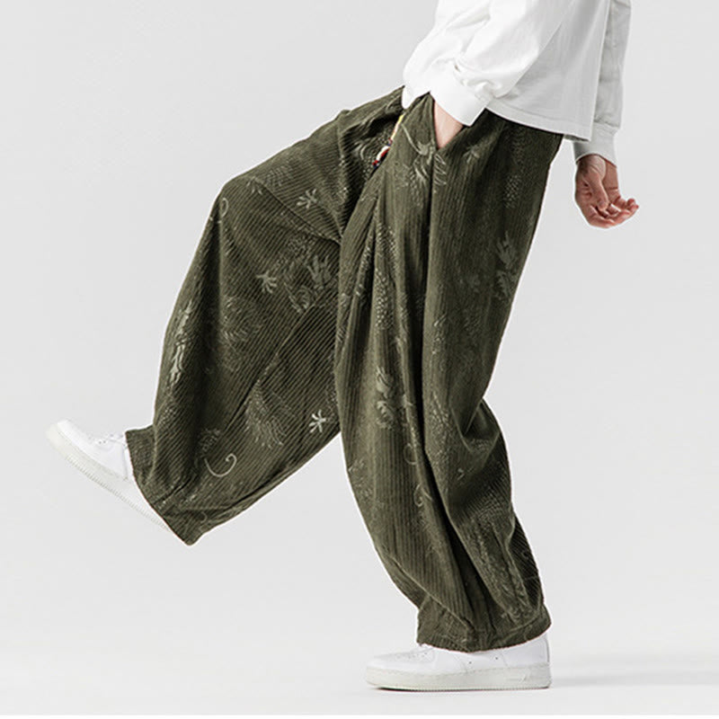 Nimara Ritual Winter Dragon Phoenix Pattern Cotton Corduroy Men's Harem Pants With Pockets