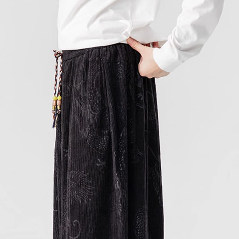 Nimara Ritual Winter Dragon Phoenix Pattern Cotton Corduroy Men's Harem Pants With Pockets