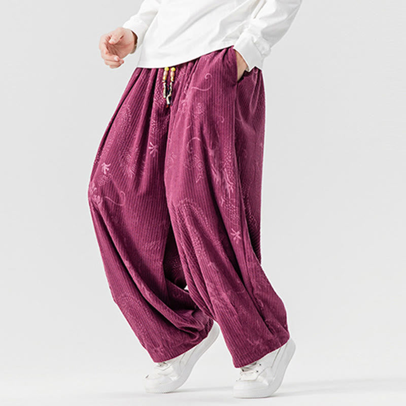 Nimara Ritual Winter Dragon Phoenix Pattern Cotton Corduroy Men's Harem Pants With Pockets