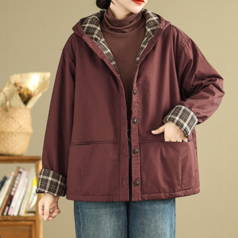 Nimara Ritual Plaid Hoodie Pattern Women's Long Sleeve Cotton Thickened Jacket With Pockets