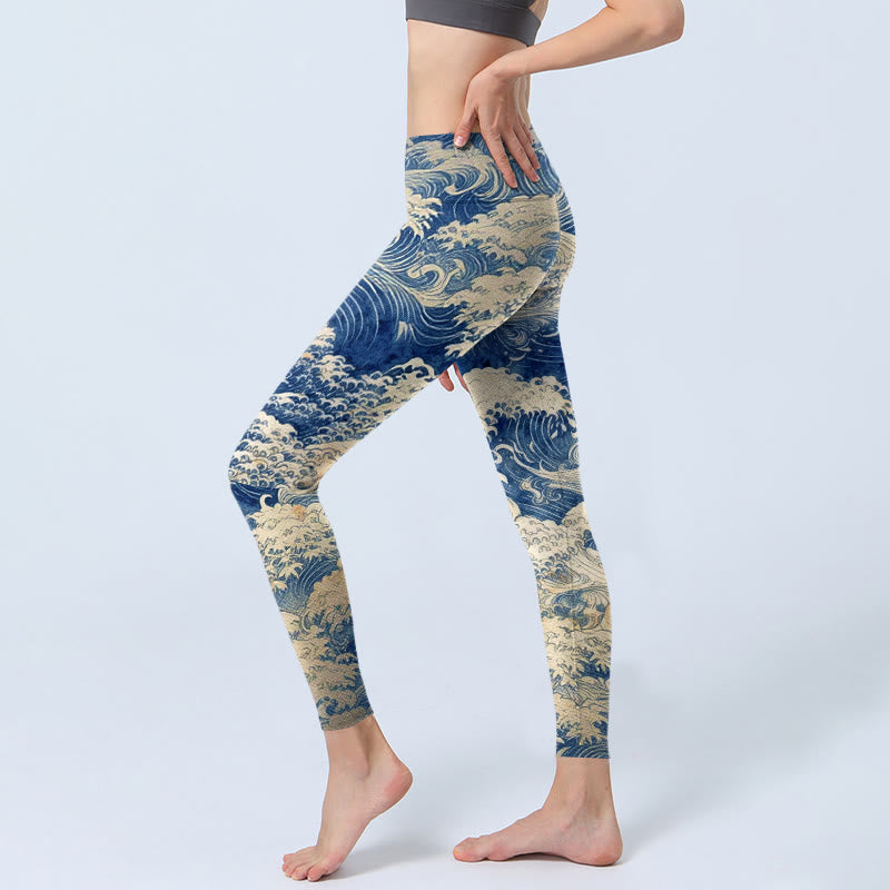 Nimara Ritual Ocean Waves Pattern Print Gym Leggings Women's Yoga Pants