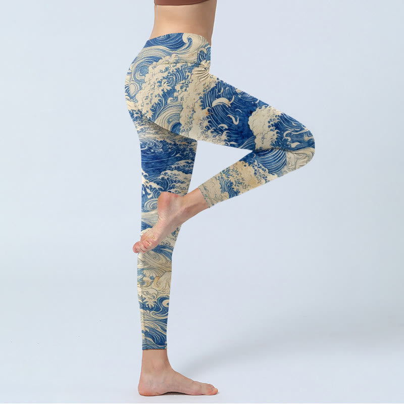 Nimara Ritual Ocean Waves Pattern Print Gym Leggings Women's Yoga Pants