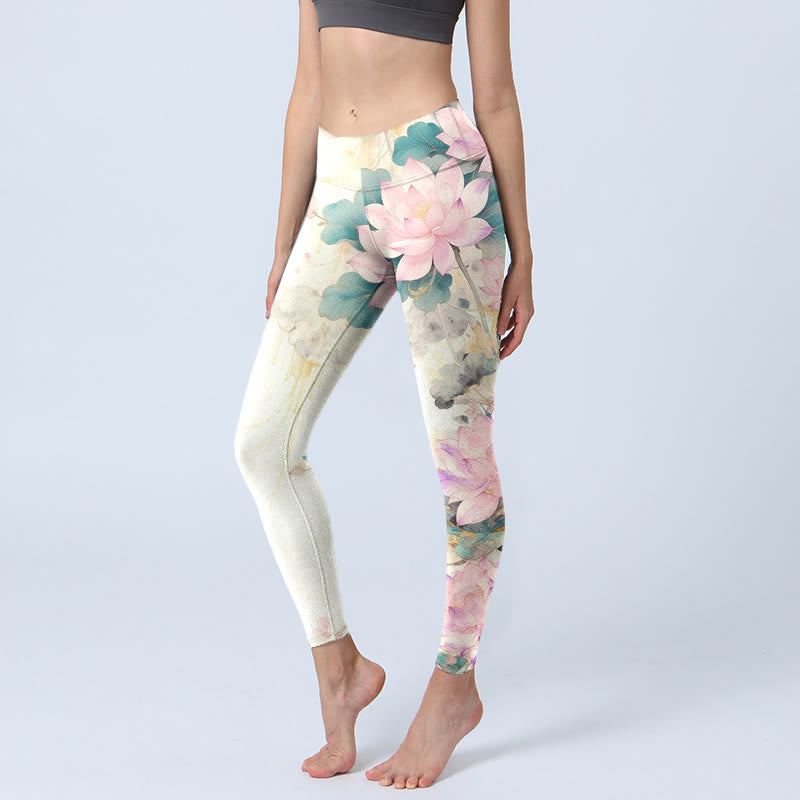 Nimara Ritual Lotus Petals Leaves Pattern Print Gym Leggings Women's Yoga Pants