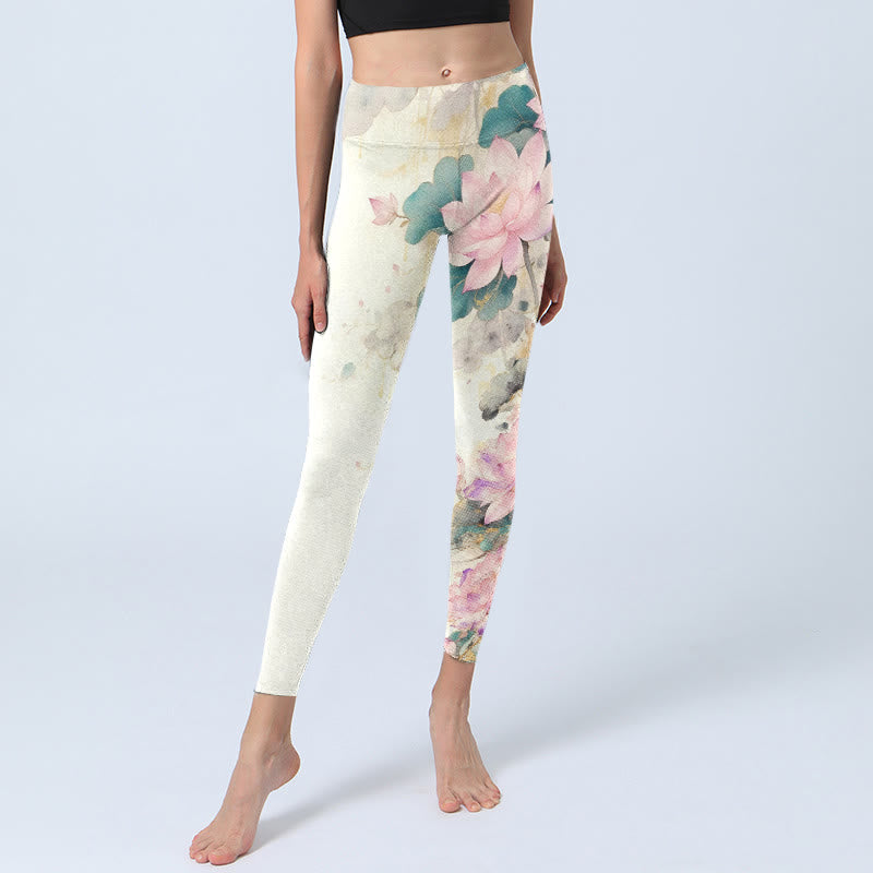 Nimara Ritual Lotus Petals Leaves Pattern Print Gym Leggings Women's Yoga Pants