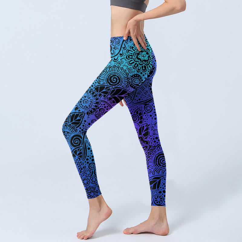 Nimara Ritual Flowers And Leaves Pattern Print Gym Leggings Women's Yoga Pants