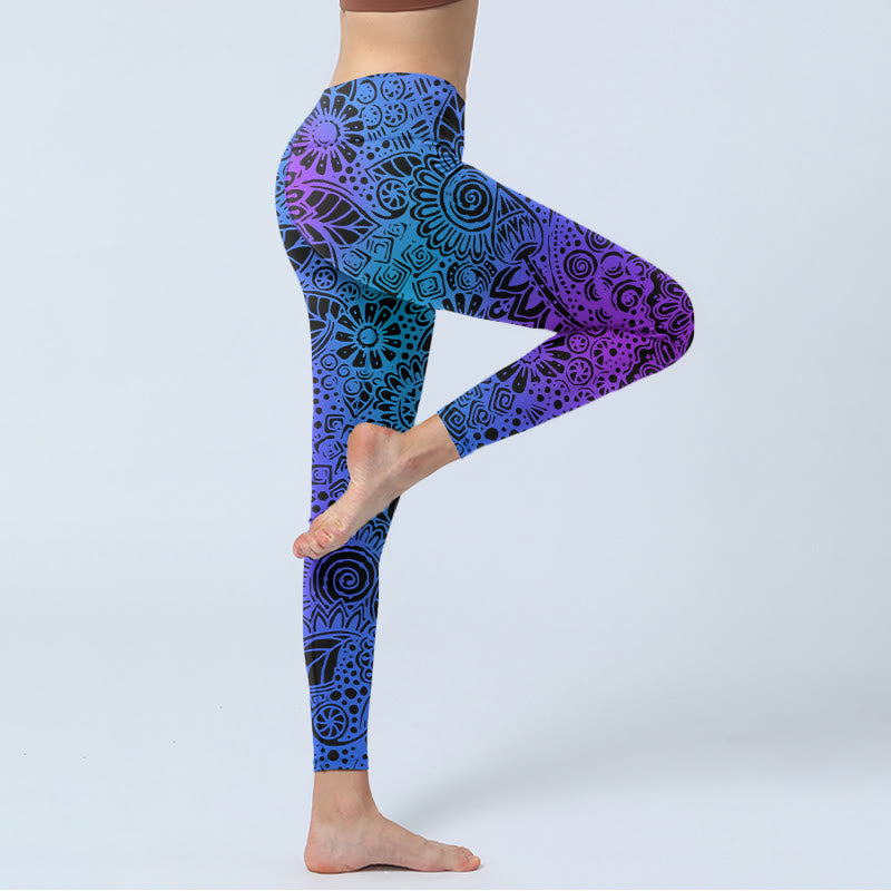 Nimara Ritual Flowers And Leaves Pattern Print Gym Leggings Women's Yoga Pants