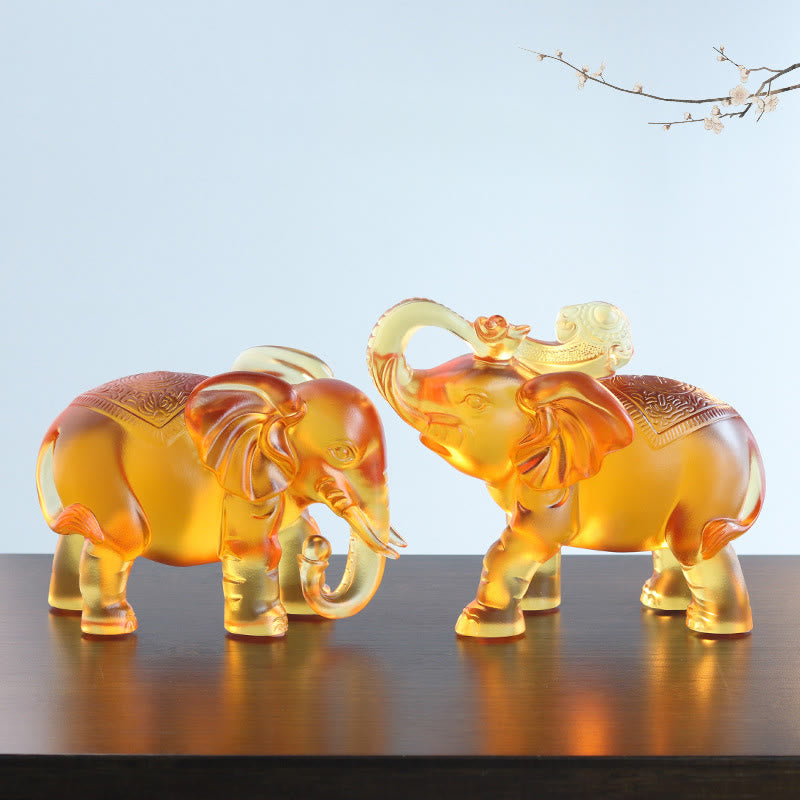 Nimara Ritual Yellow Liuli Crystal Elephant Trunk Up Down Design Strength Home Decoration