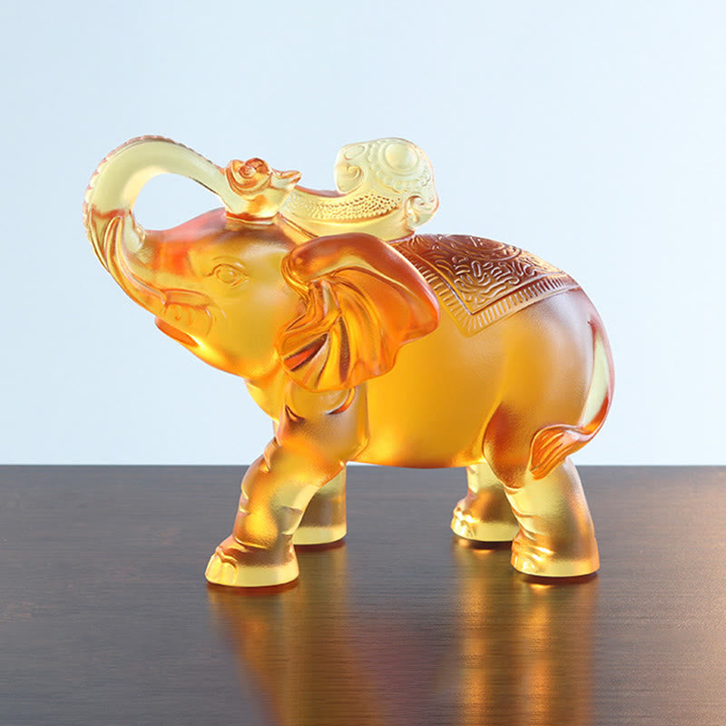 Nimara Ritual Yellow Liuli Crystal Elephant Trunk Up Down Design Strength Home Decoration