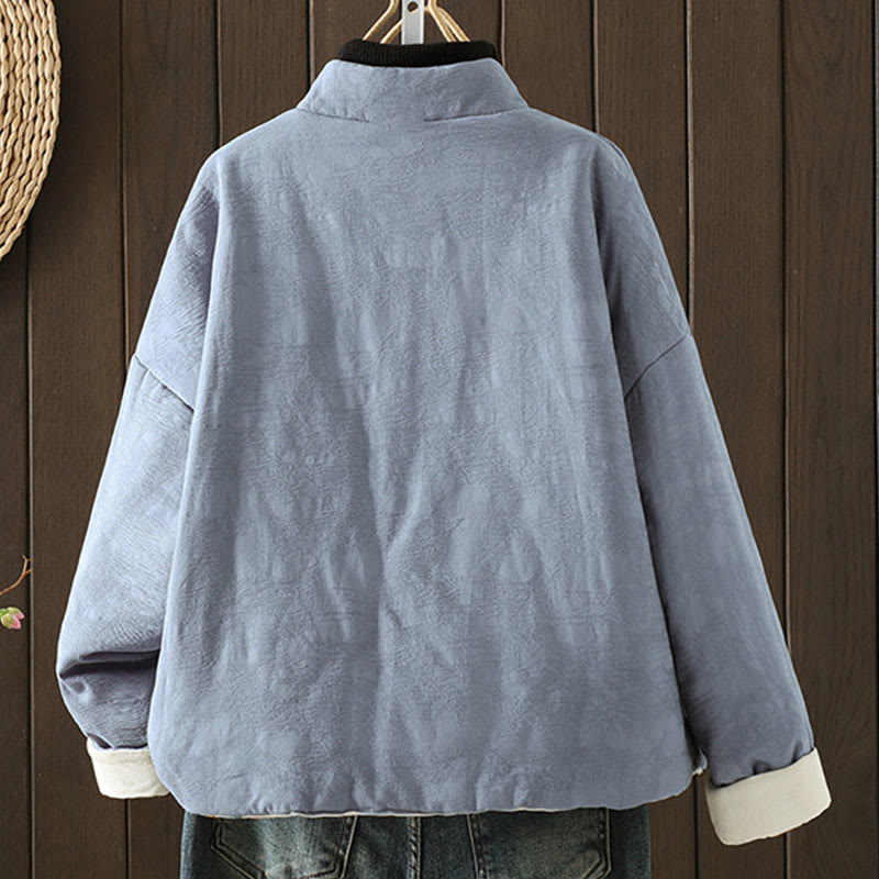 Nimara Ritual Frog-button Solid Color Pattern Women's Long Sleeve Cotton Thick Jacket With Floral Cuffs