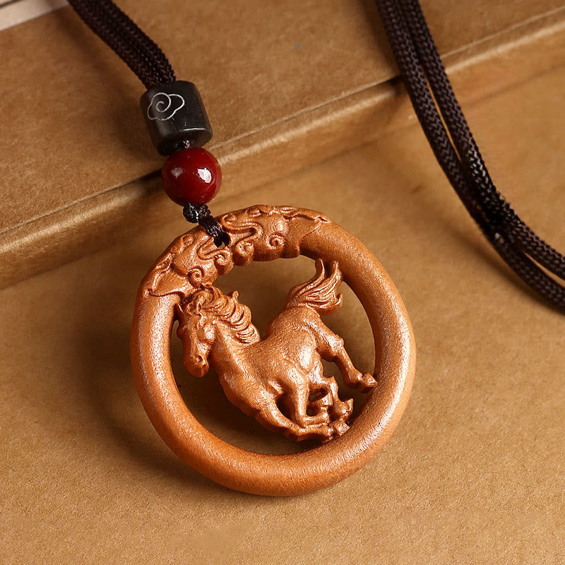 Ward Off Evil Spirits Peach Wood Chinese Zodiac Year Of The Horse Necklace Pendants