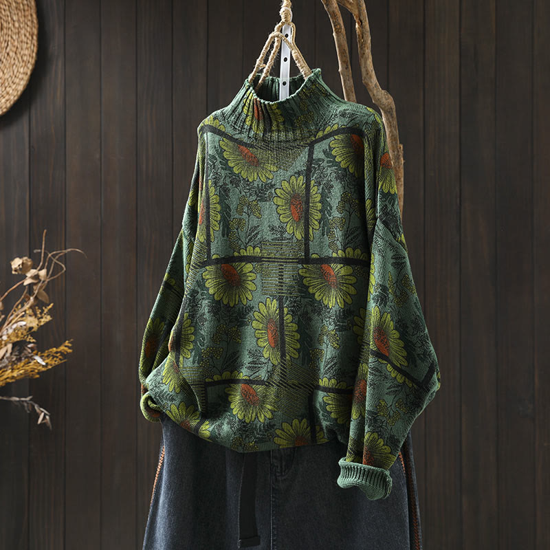 Nimara Ritual Sunflower Pattern Mock Neck Long Sleeve Women's Cotton Sweater
