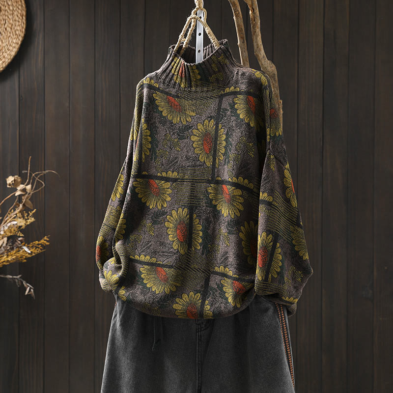 Nimara Ritual Sunflower Pattern Mock Neck Long Sleeve Women's Cotton Sweater
