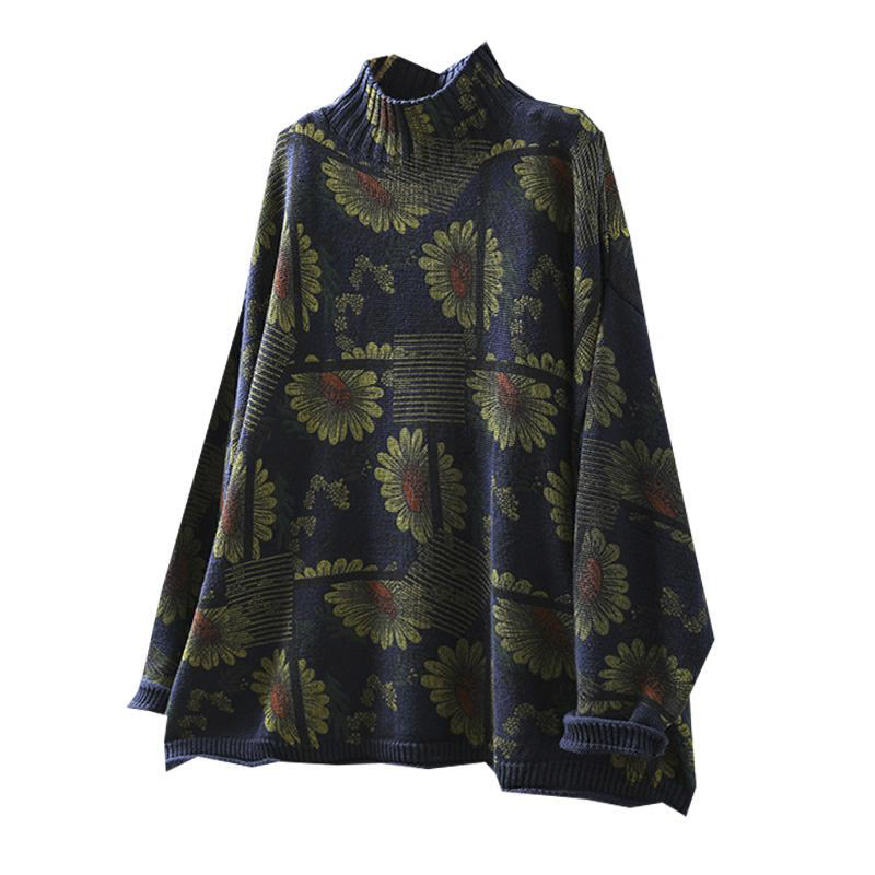 Nimara Ritual Sunflower Pattern Mock Neck Long Sleeve Women's Cotton Sweater