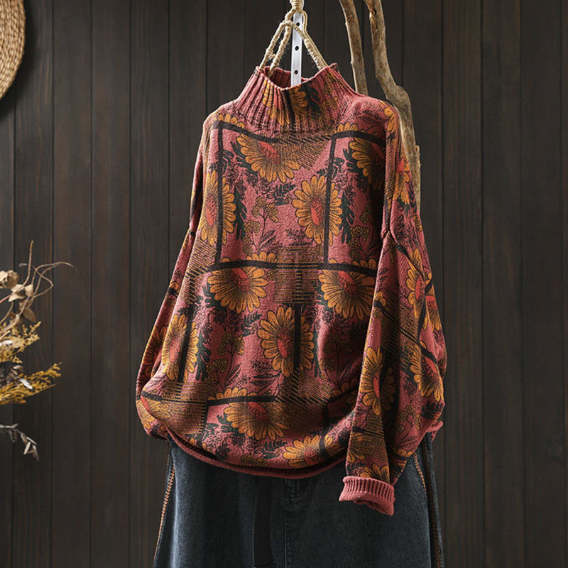 Nimara Ritual Sunflower Pattern Mock Neck Long Sleeve Women's Cotton Sweater