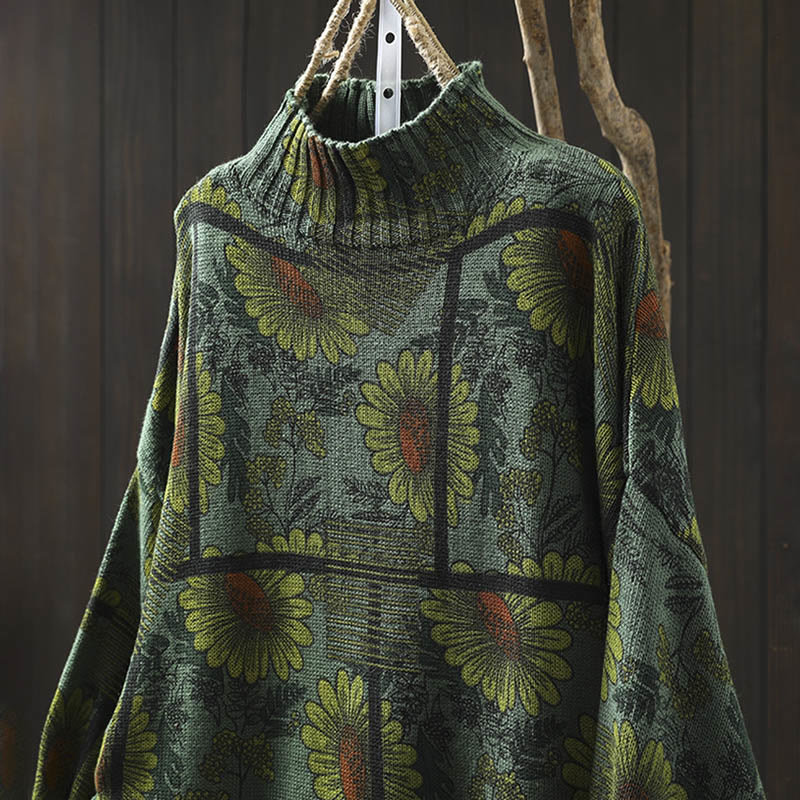 Nimara Ritual Sunflower Pattern Mock Neck Long Sleeve Women's Cotton Sweater