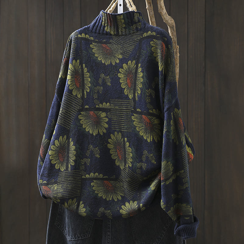 Nimara Ritual Sunflower Pattern Mock Neck Long Sleeve Women's Cotton Sweater