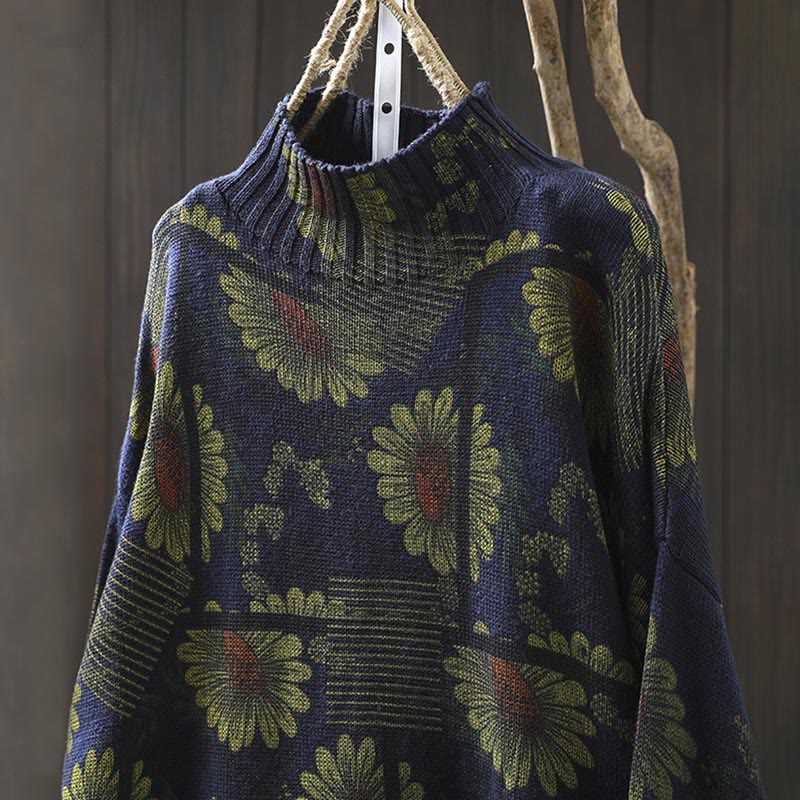 Nimara Ritual Sunflower Pattern Mock Neck Long Sleeve Women's Cotton Sweater
