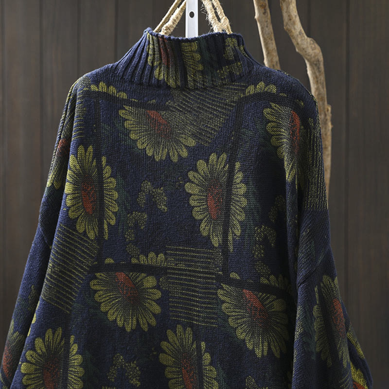 Nimara Ritual Sunflower Pattern Mock Neck Long Sleeve Women's Cotton Sweater