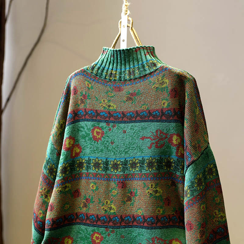 Nimara Ritual Winter Color-block Flower Pattern Mock Neck Long Sleeve Women's Cotton Sweater