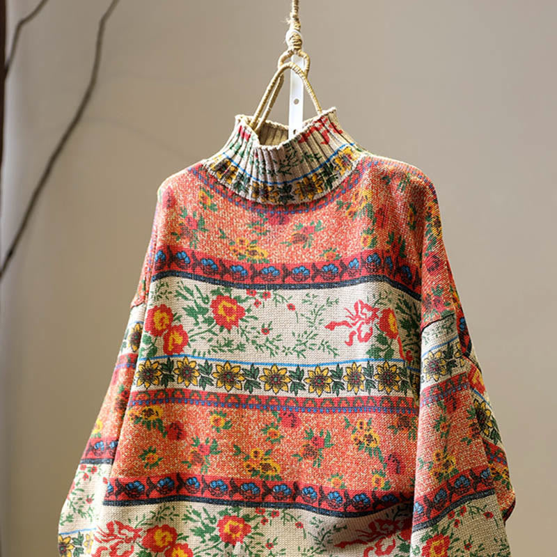 Nimara Ritual Winter Color-block Flower Pattern Mock Neck Long Sleeve Women's Cotton Sweater