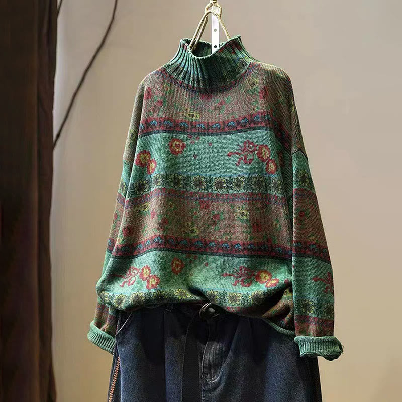Nimara Ritual Winter Color-block Flower Pattern Mock Neck Long Sleeve Women's Cotton Sweater
