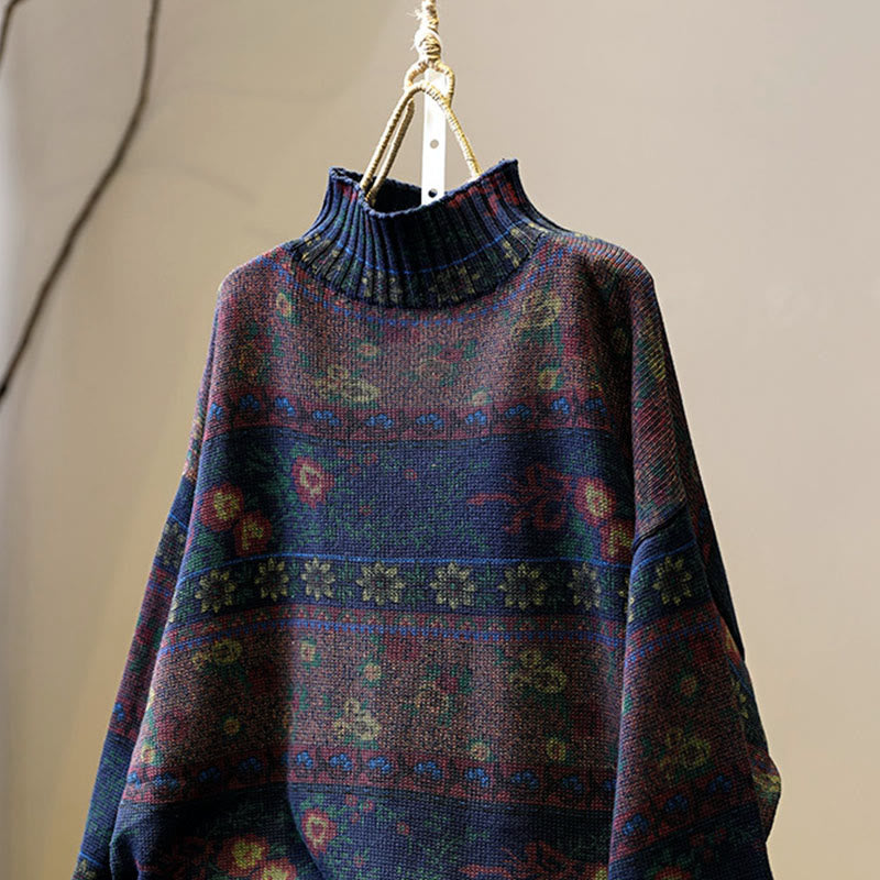 Nimara Ritual Winter Color-block Flower Pattern Mock Neck Long Sleeve Women's Cotton Sweater