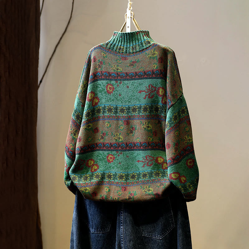 Nimara Ritual Winter Color-block Flower Pattern Mock Neck Long Sleeve Women's Cotton Sweater
