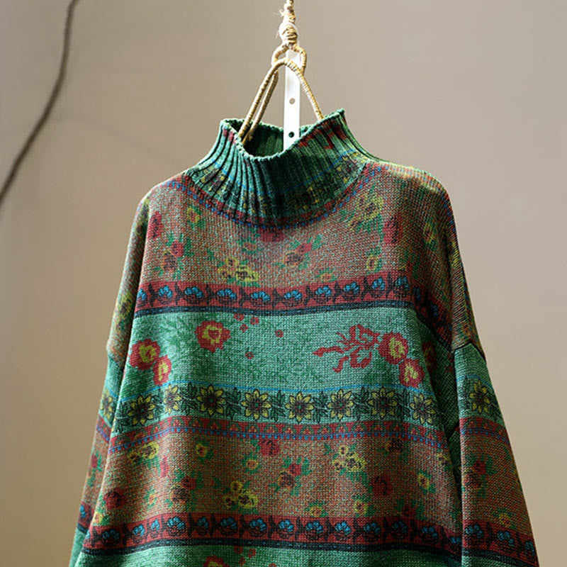 Nimara Ritual Winter Color-block Flower Pattern Mock Neck Long Sleeve Women's Cotton Sweater