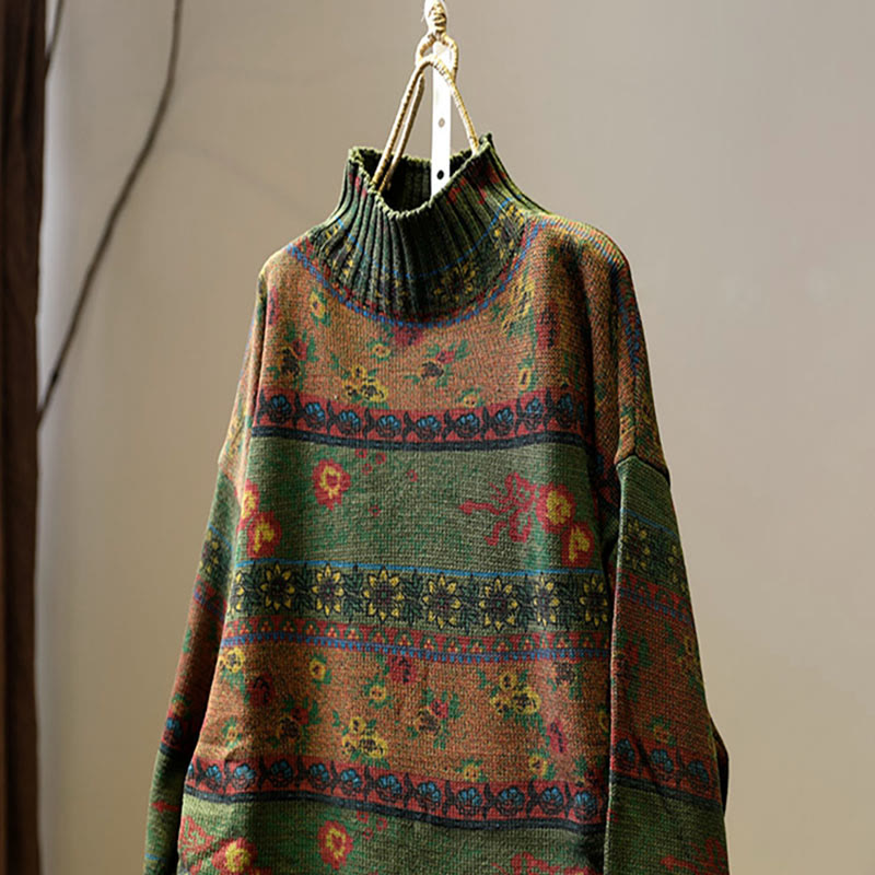 Nimara Ritual Winter Color-block Flower Pattern Mock Neck Long Sleeve Women's Cotton Sweater