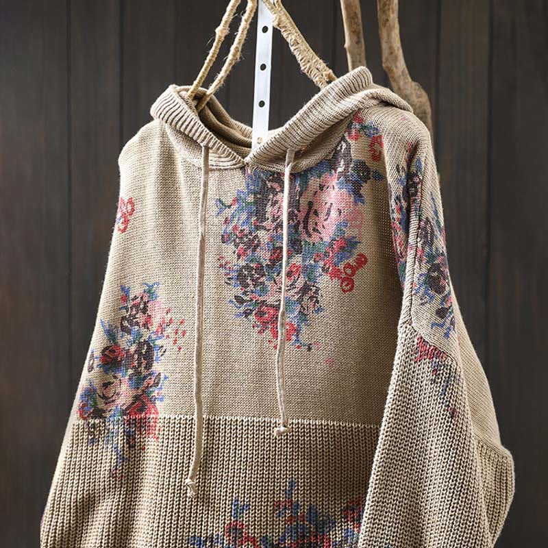 Nimara Ritual Women's Knitted Floral Long Sleeve Hooded Sweater